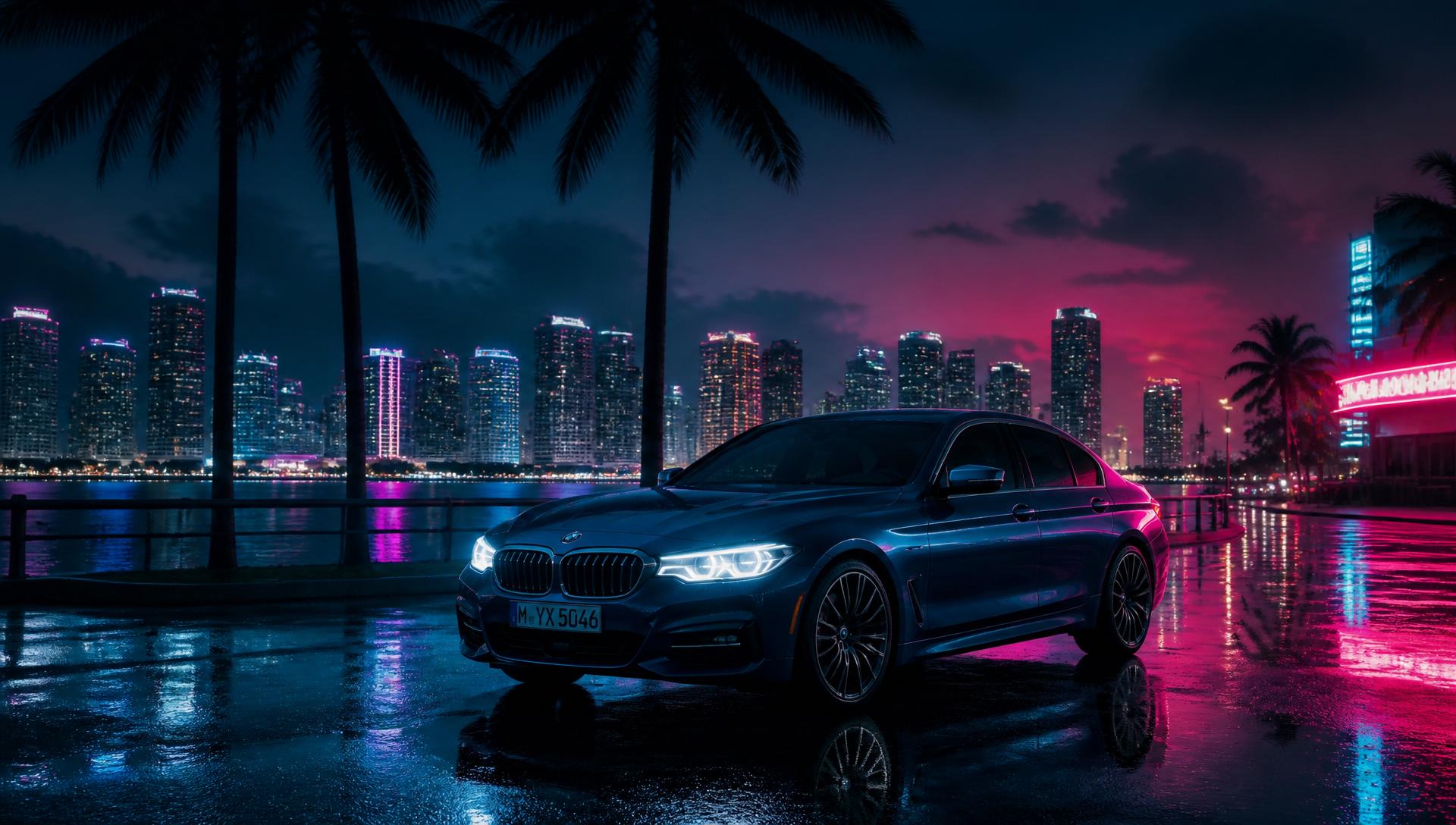 Luxury sedan on a Miami waterfront at night with neon skyline